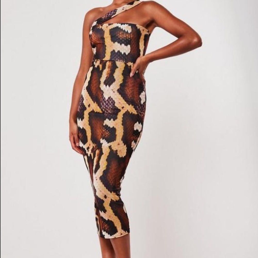 Brown Snake Print Asymmetric Strap Midi Dress
